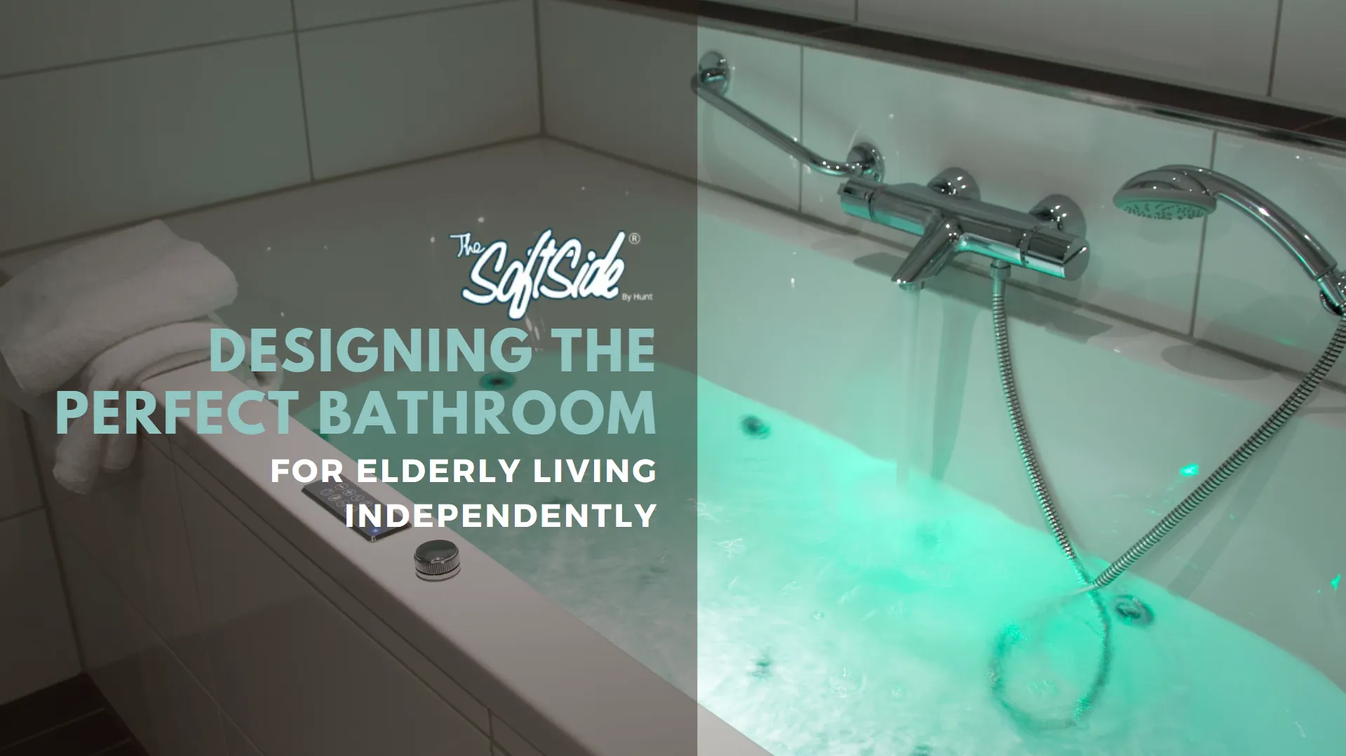 image of a beautiful bathroom with overlay text of designing the perfect bathroom